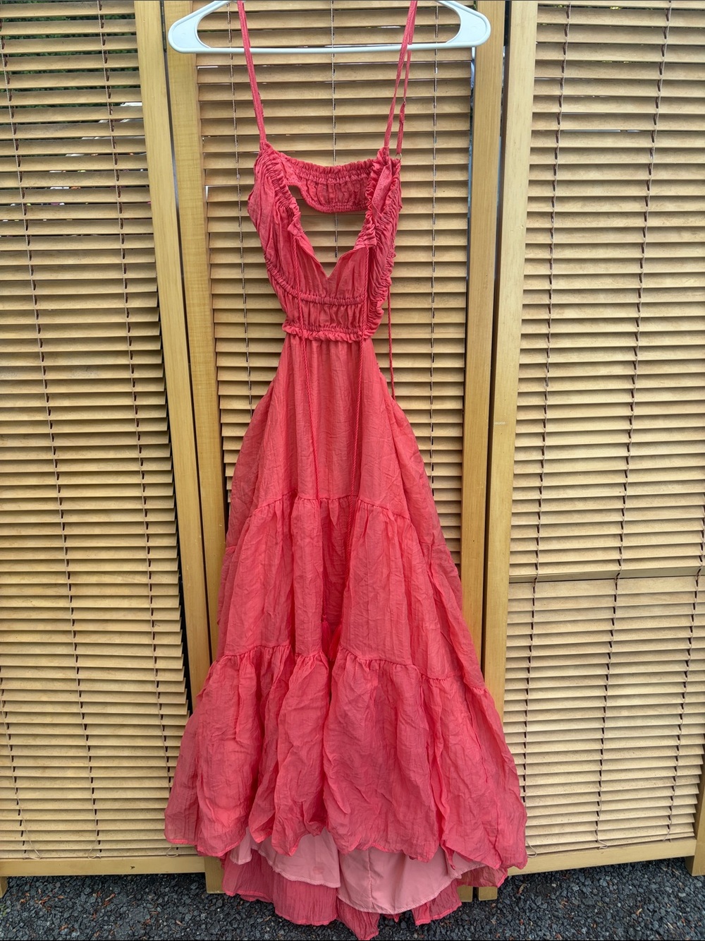 Red Coral Tiered Maxi Dress with Ruffled Bodice